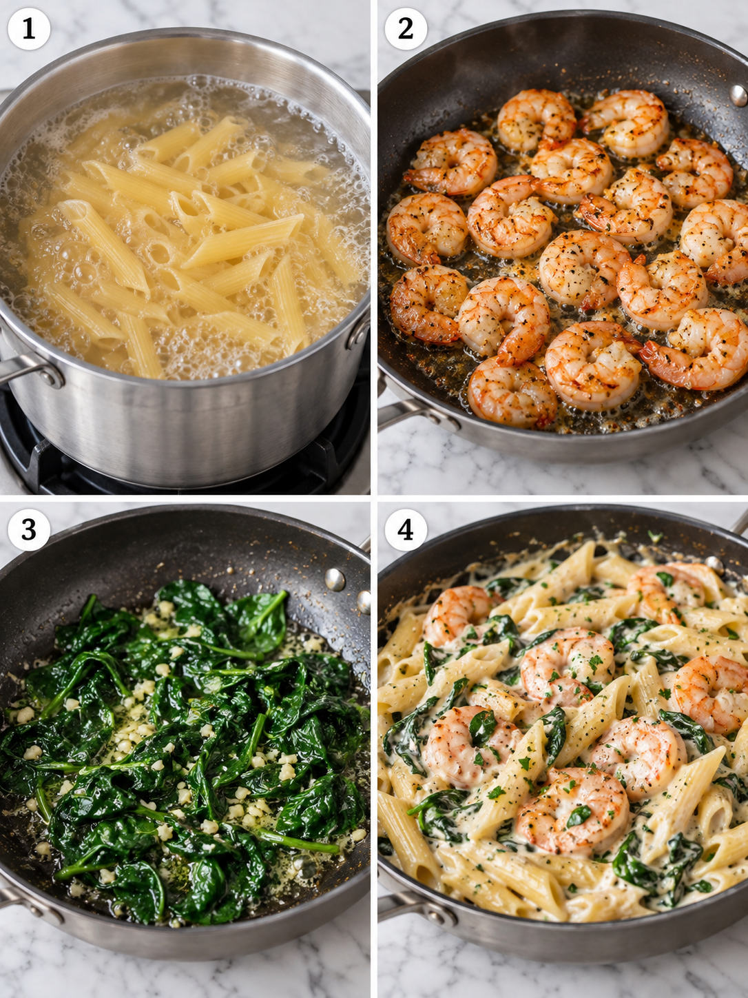 Four cooking steps for cheese shrimp penne pasta with spinach