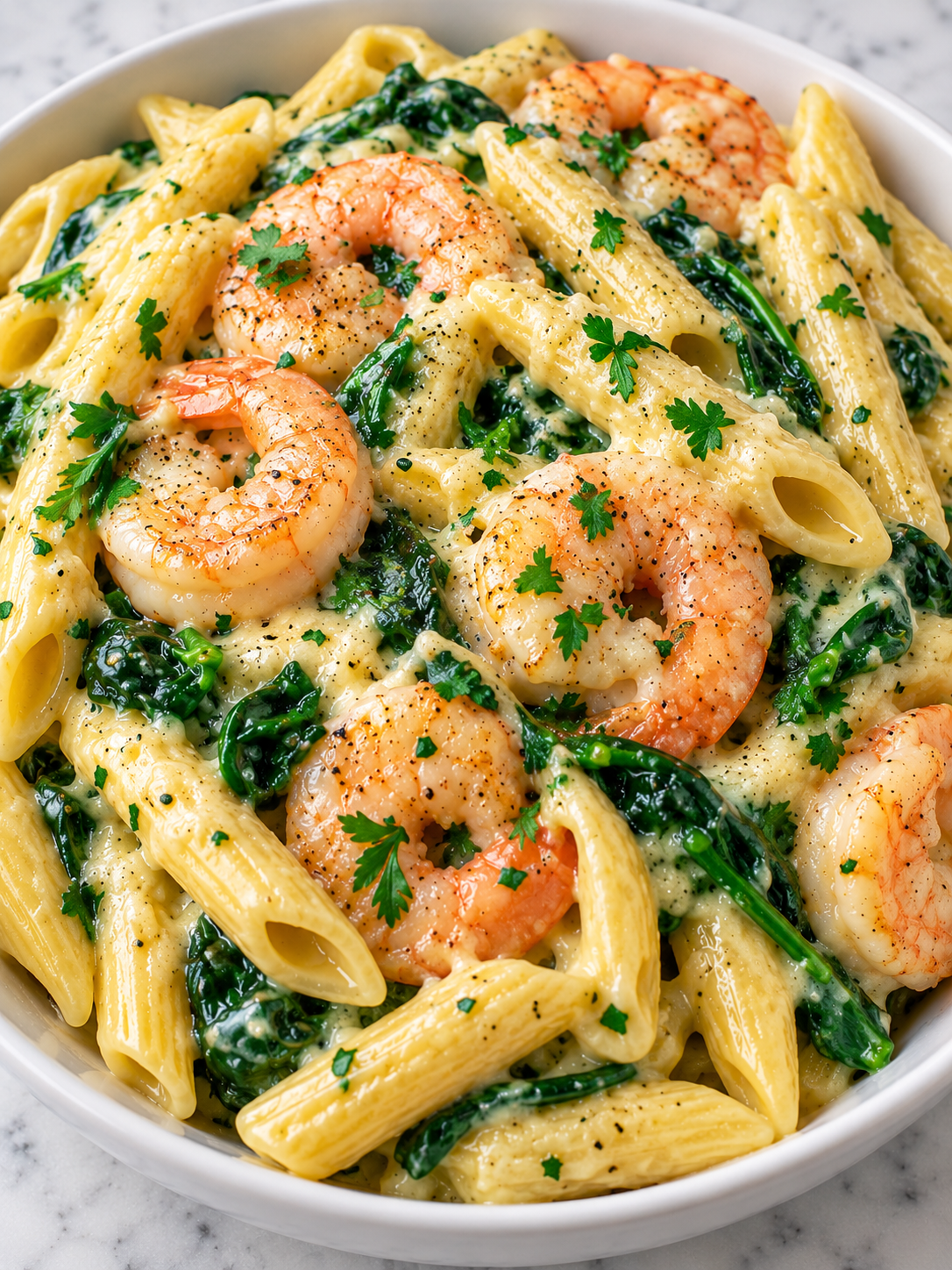 Creamy cheese shrimp penne pasta with spinach, parsley, and lemon