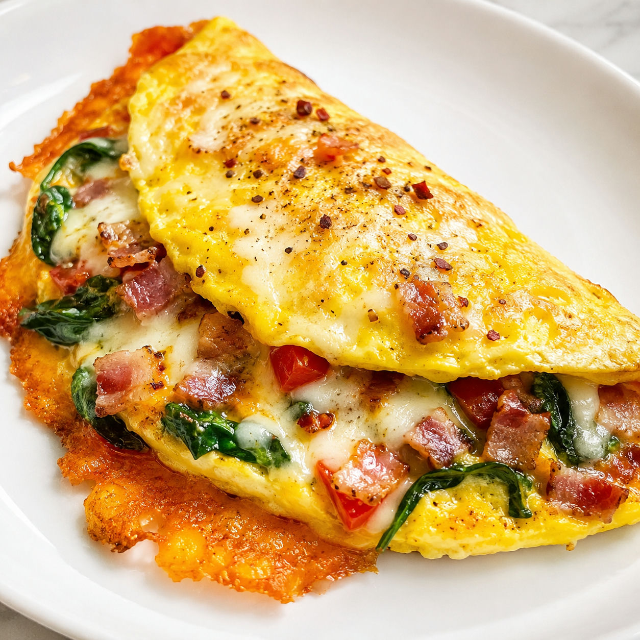 Cheesy bacon spinach omelette with tomato and melted cheese on a white plate