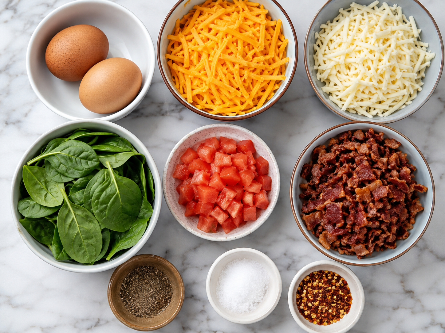 Ingredients for cheesy bacon spinach omelette with eggs, cheese, bacon, and vegetables