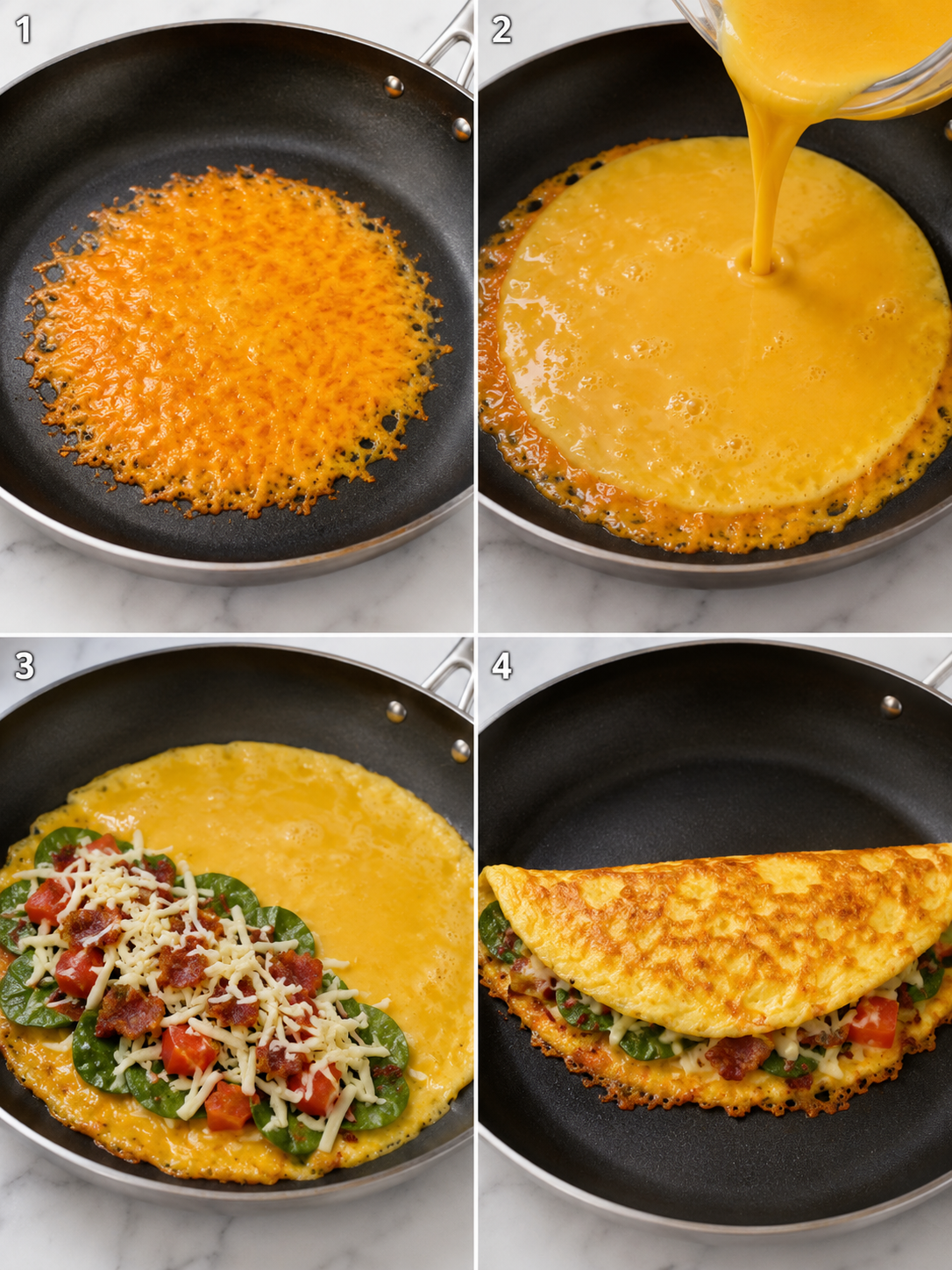 Four cooking steps for a cheesy bacon spinach omelette in a skillet