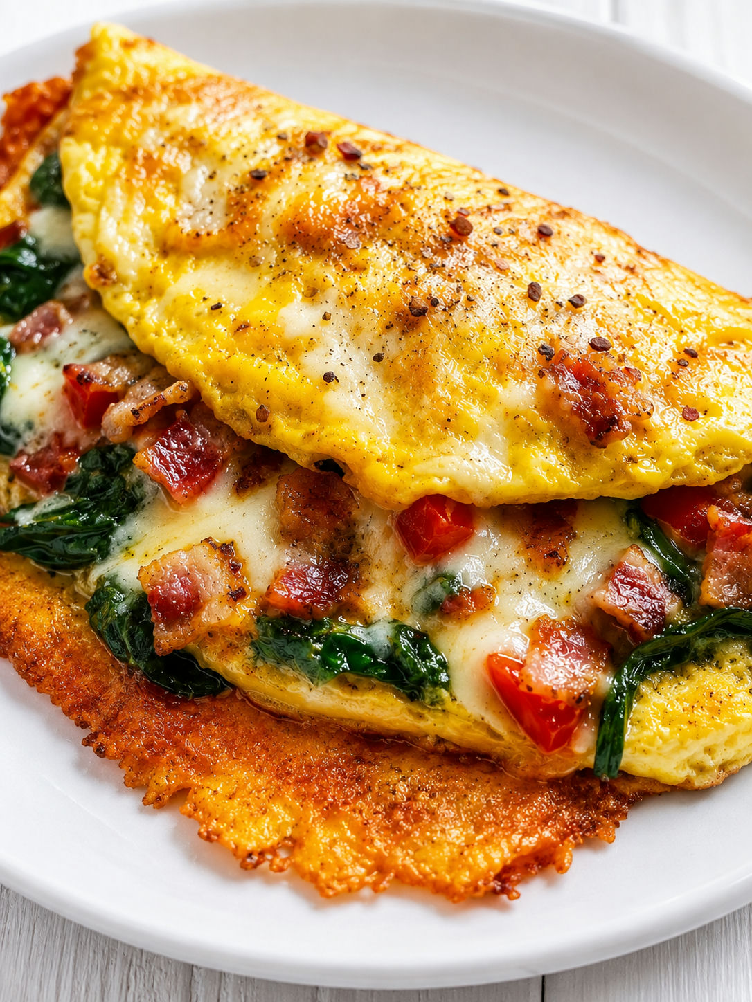 Cheesy bacon spinach omelette with crisp edges and melted filling