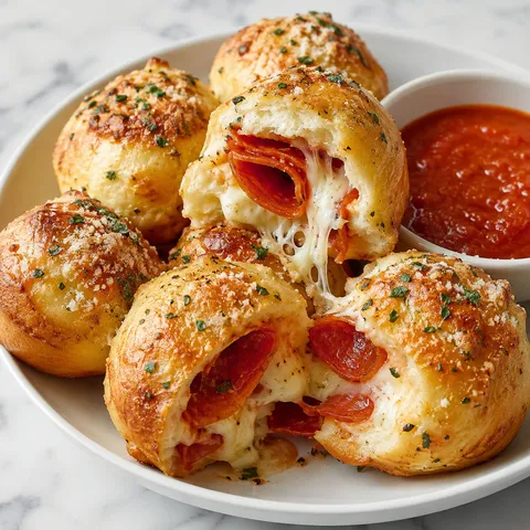 Golden pizza bombs with melted mozzarella, pepperoni, parsley, and marinara