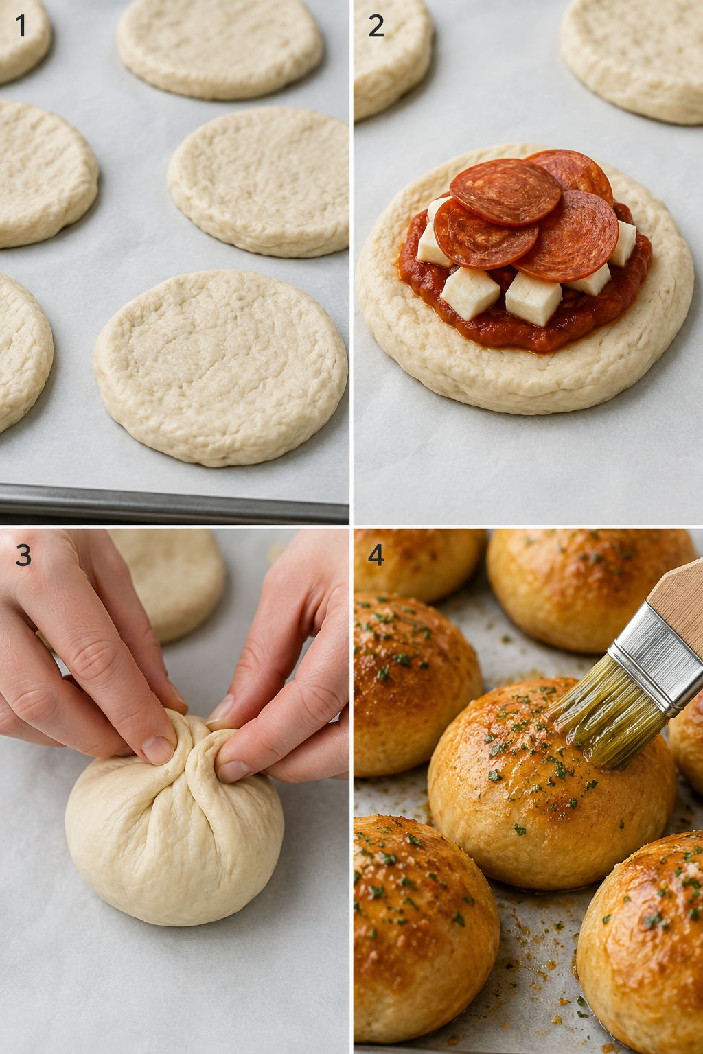 Four steps for making pizza bombs from filling dough to brushing butter