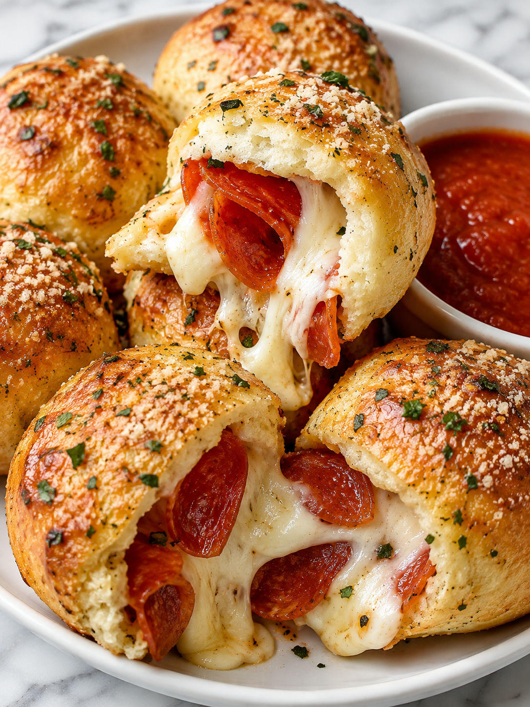 Pizza bombs torn open with melted mozzarella, pepperoni, parsley, and marinara