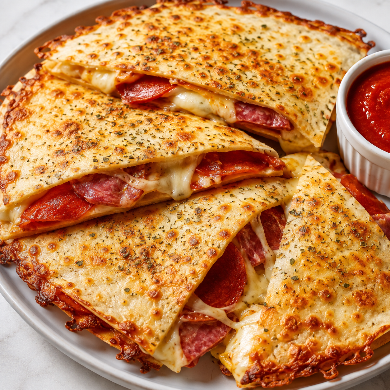 Cheesy pizza quesadilla wedges with pepperoni and crisp mozzarella edges