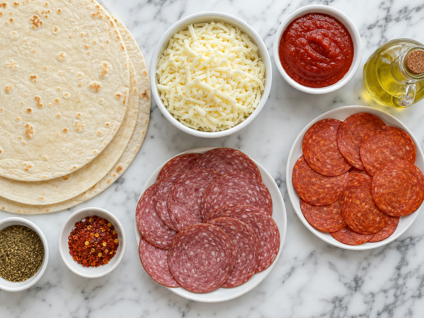 Ingredients for cheesy pizza quesadillas with tortillas, mozzarella and pepperoni