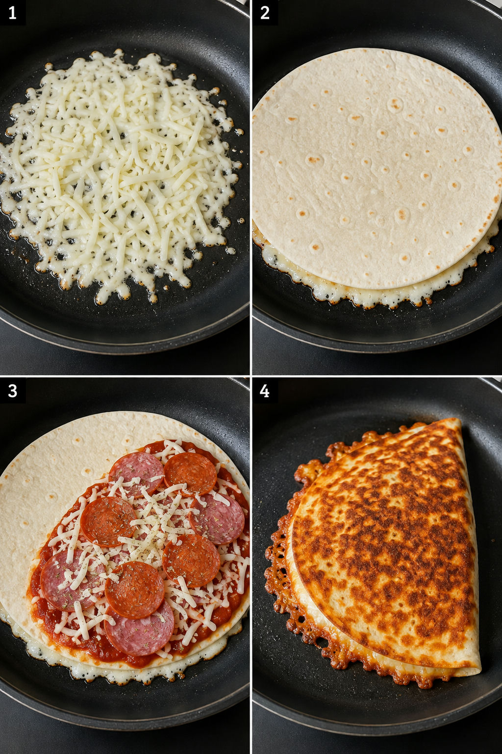 Four cooking steps for a crispy cheese crust pizza quesadilla