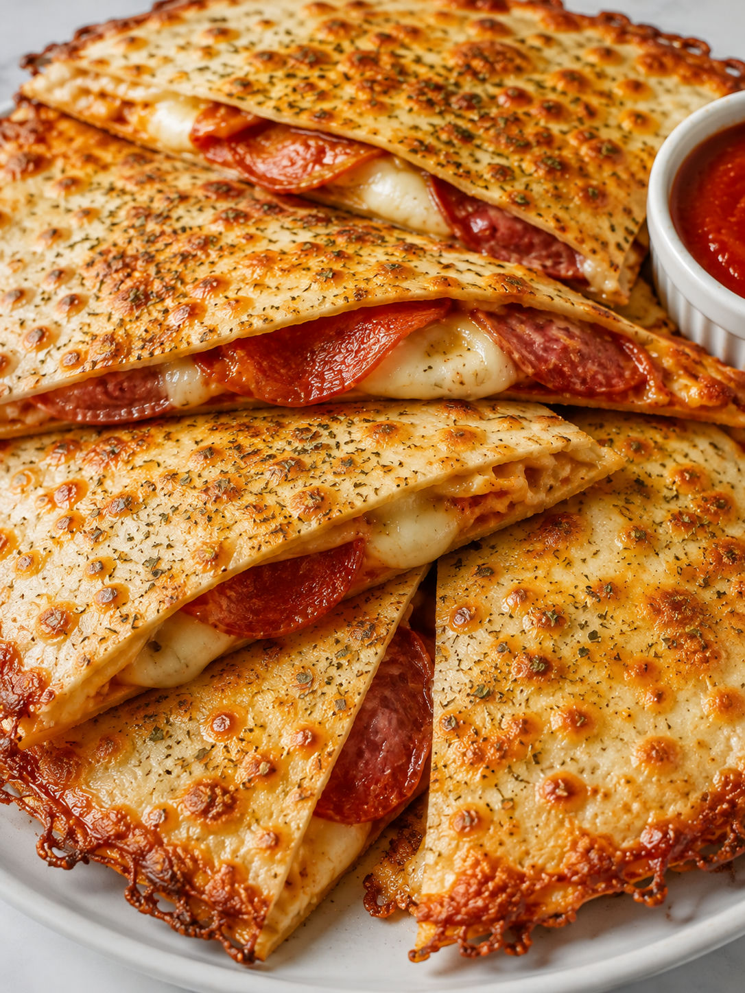 Stacked cheesy pizza quesadilla wedges with crisp edges and dipping sauce