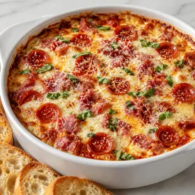Cheesy pizza dip with browned pepperoni, melted mozzarella, and basil