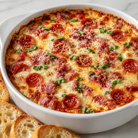 Cheesy pizza dip with browned pepperoni, melted mozzarella, and basil