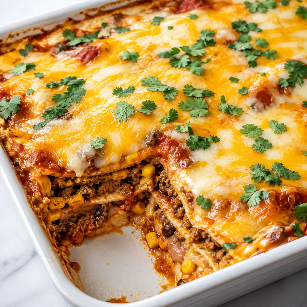 Cheesy taco lasagna slice with beef, tortillas, melted cheese, and cilantro