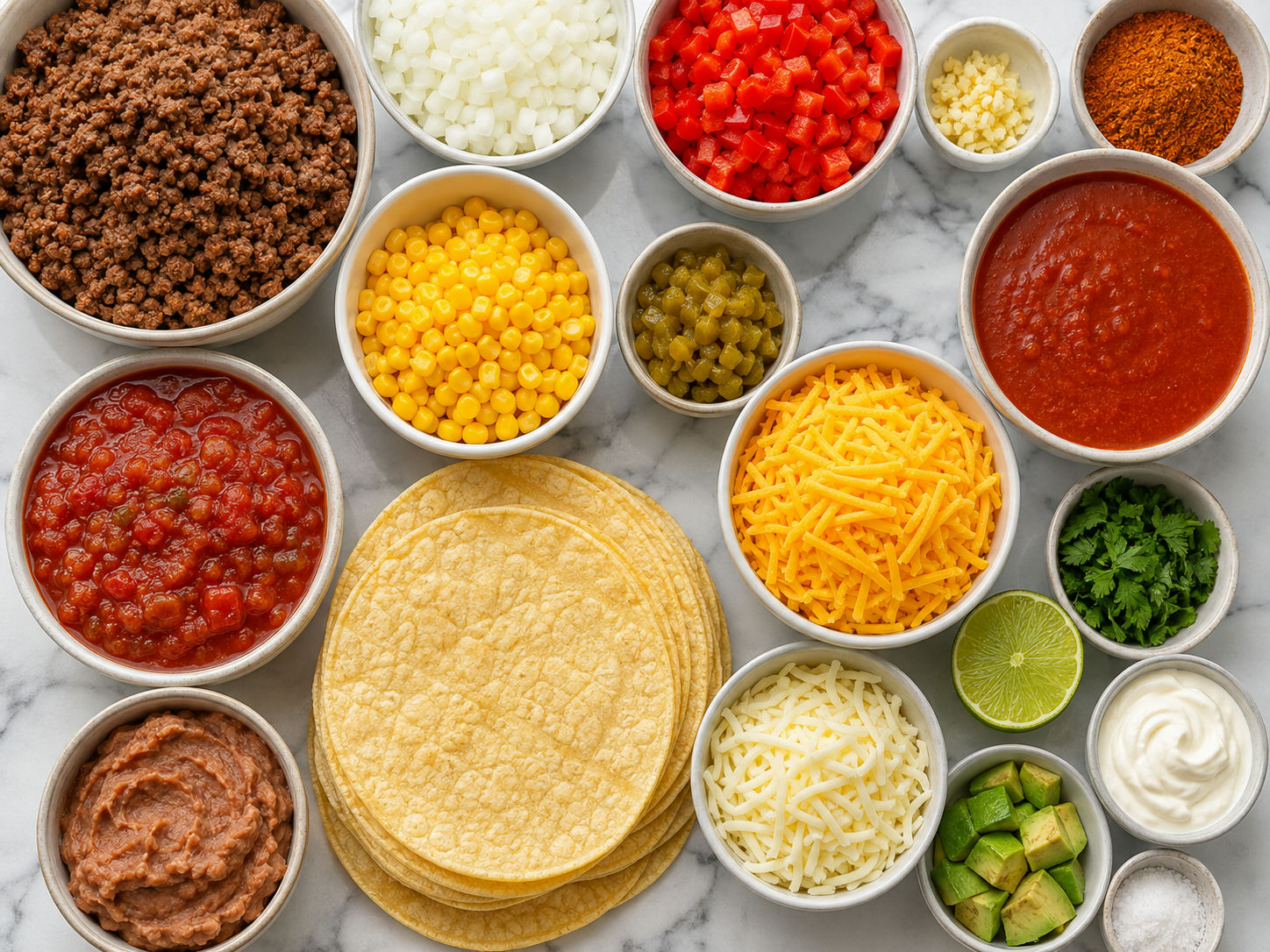 Ingredients for cheesy taco lasagna with beef, tortillas, sauce, beans, and cheese