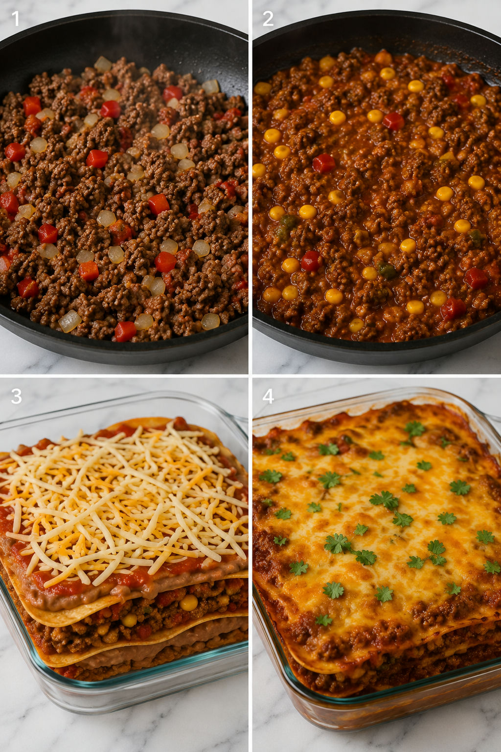 Four cooking steps for taco lasagna from beef filling to baked cheese layers