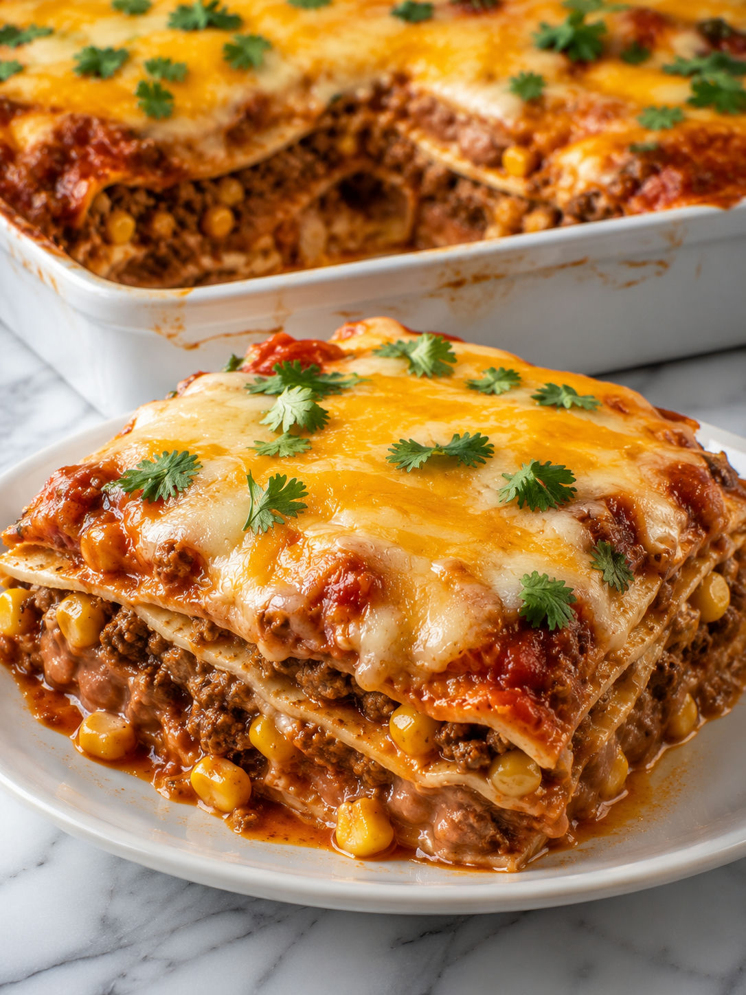 Cheesy taco lasagna slice with melty layers, cilantro, and lime