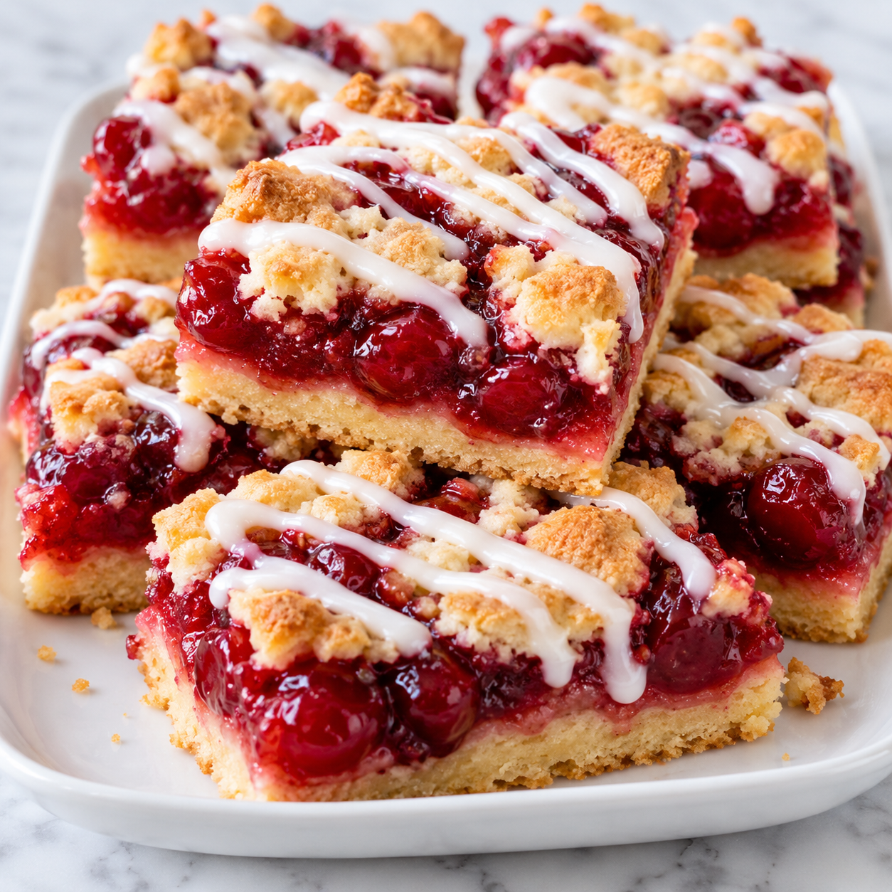 Cherry bars with white glaze stacked on a ceramic platter