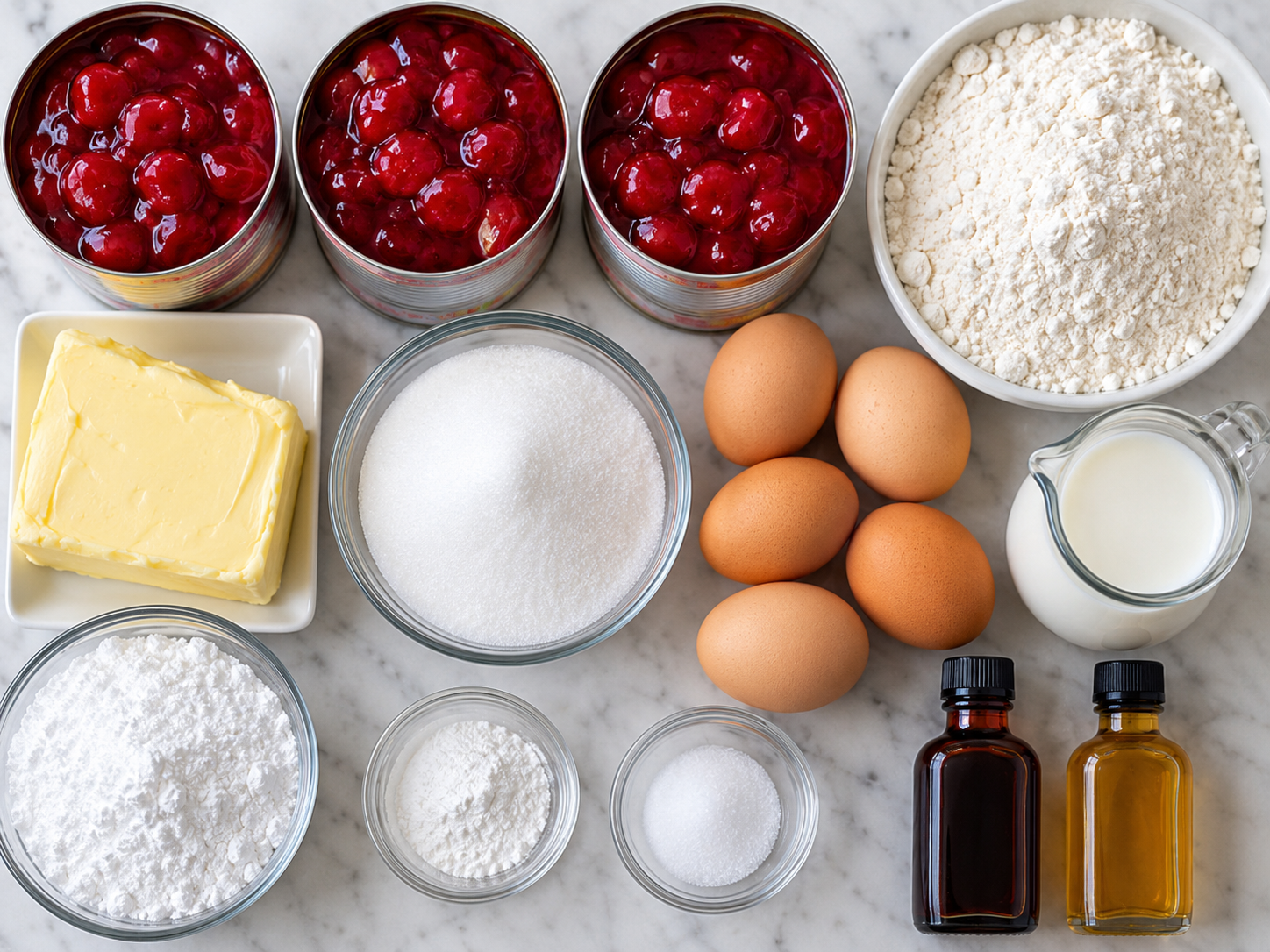 Ingredients for cherry bars with cherry filling, butter, eggs, flour, and glaze items