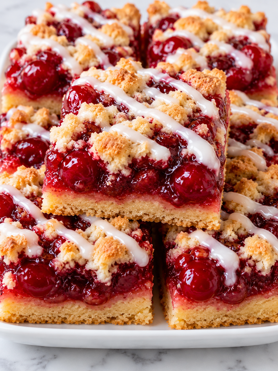 Glazed cherry bars with golden cookie edges and glossy cherry filling