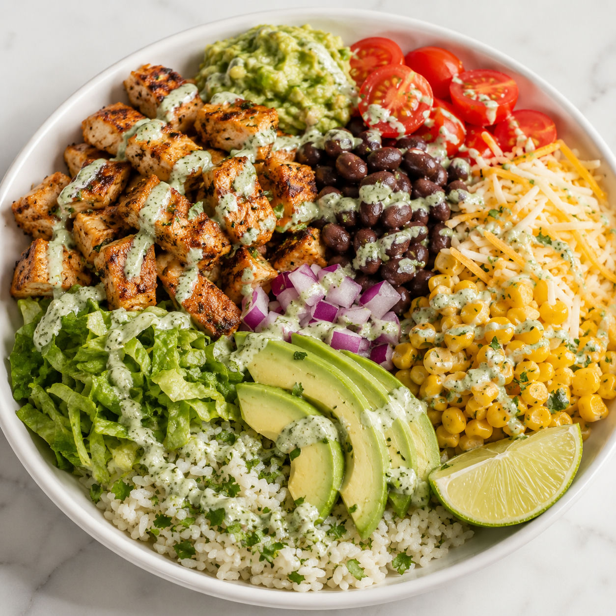 Chicken burrito bowl salad with rice, beans, avocado, corn, and lime dressing