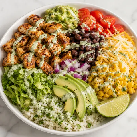 Chicken burrito bowl salad with rice, beans, avocado, corn, and lime dressing