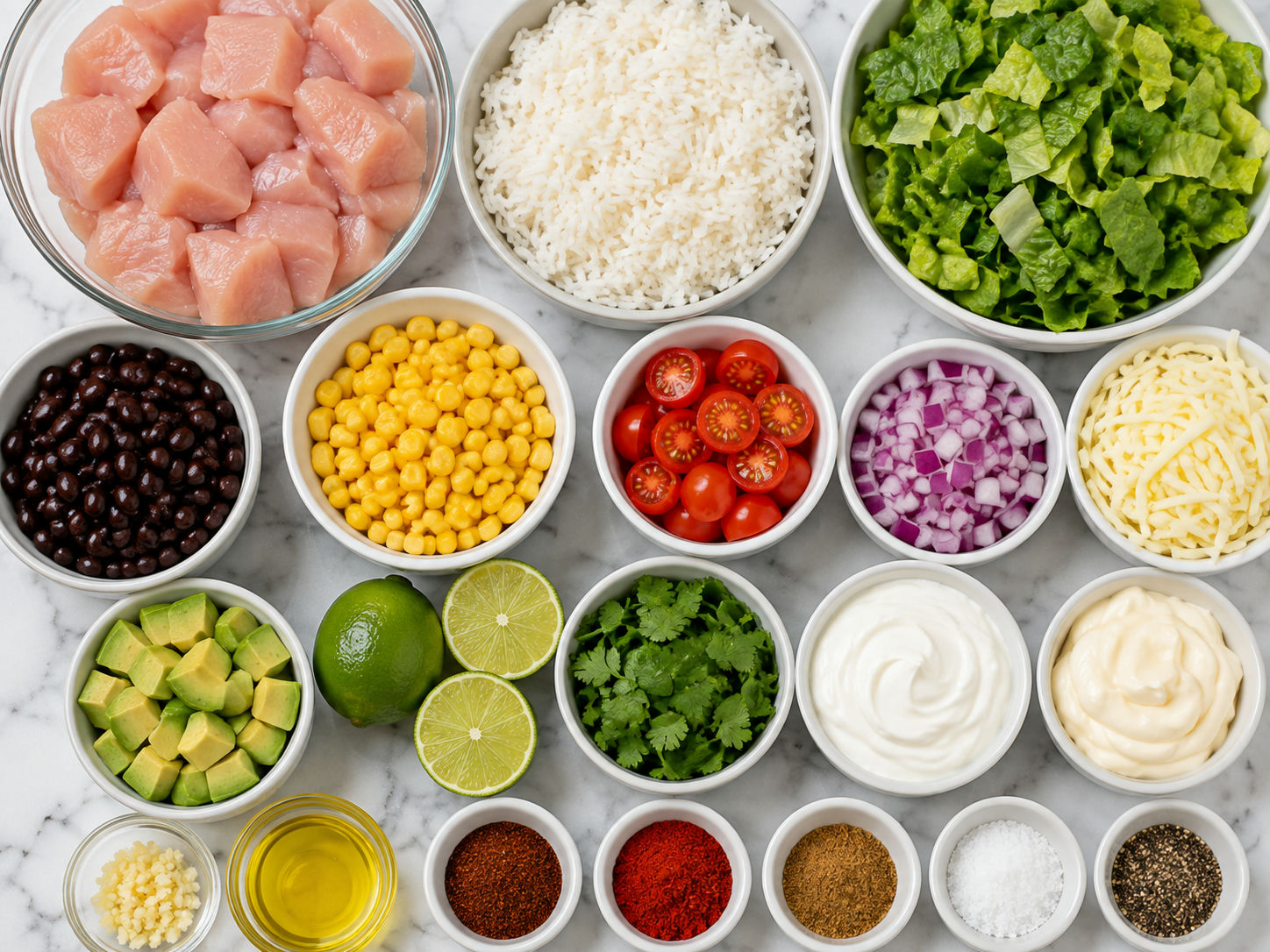 Ingredients for chicken burrito bowl salad with romaine, rice, beans, and avocado
