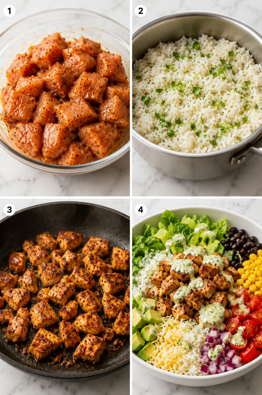 Four steps for making chicken burrito bowl salad from seasoning to assembly