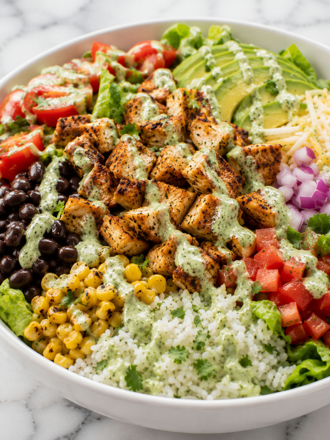 Chicken burrito bowl salad with creamy lime dressing and avocado filling the frame