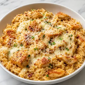 Creamy Chicken Parmesan Rice with parsley and grated Parmesan