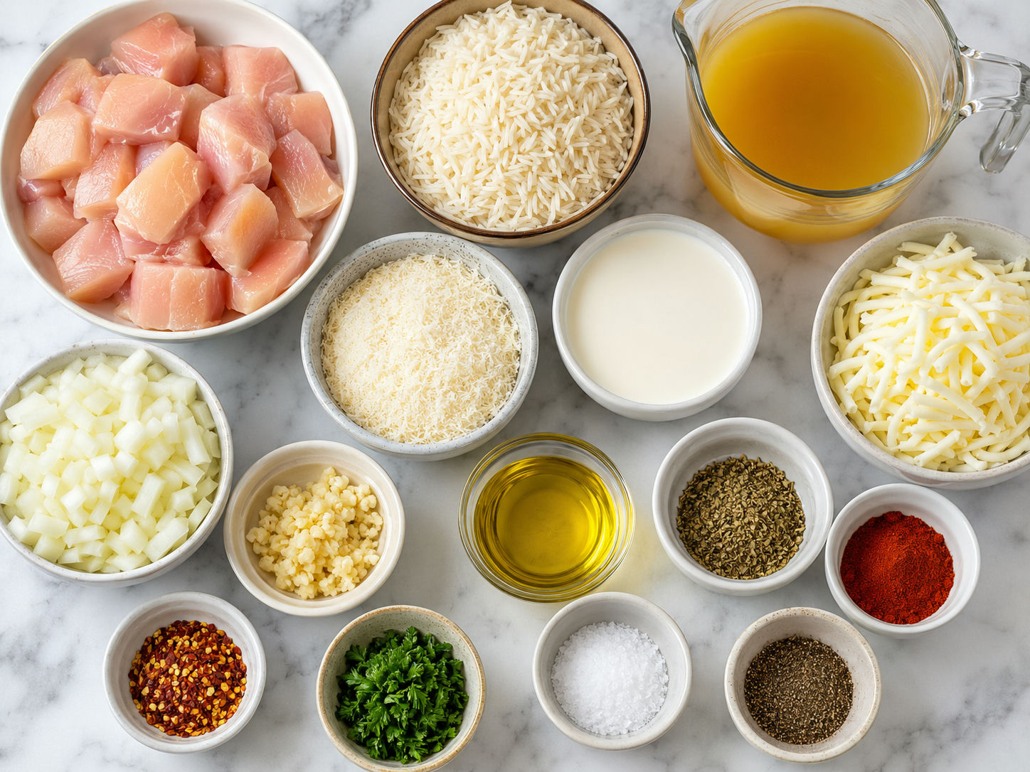 Ingredients for Chicken Parmesan Rice on a light wood counter