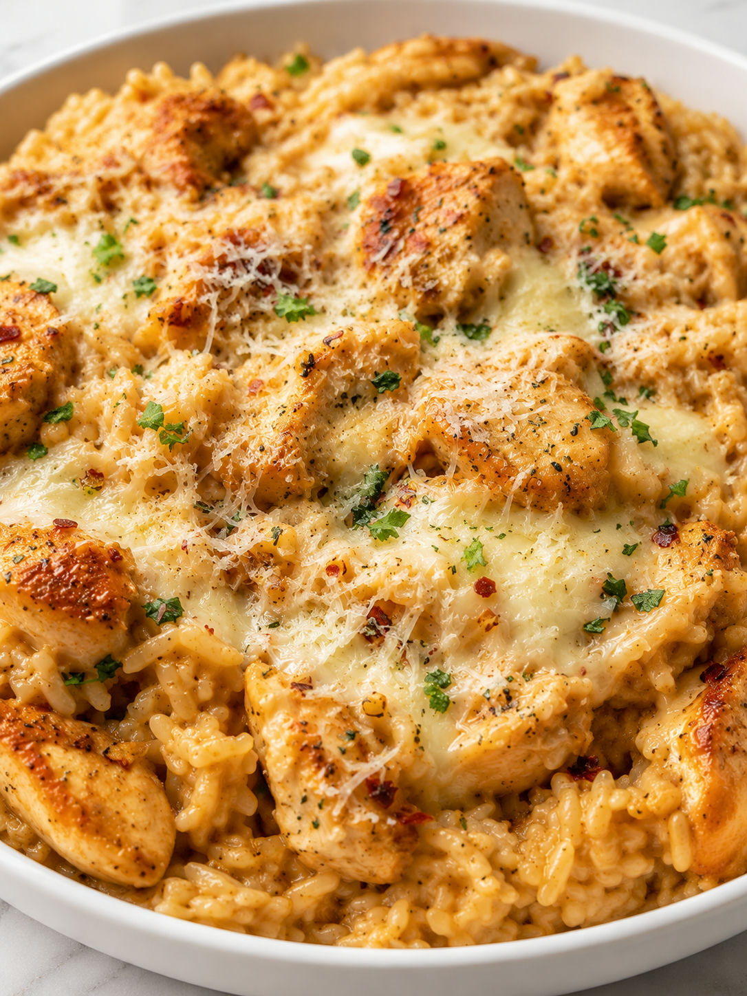 Creamy Chicken Parmesan Rice filling a white bowl with parsley