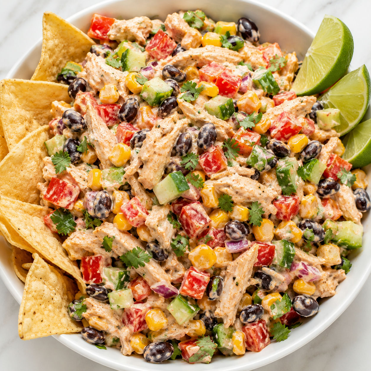 Creamy Southwest chicken salad with black beans, corn, cilantro, and lime