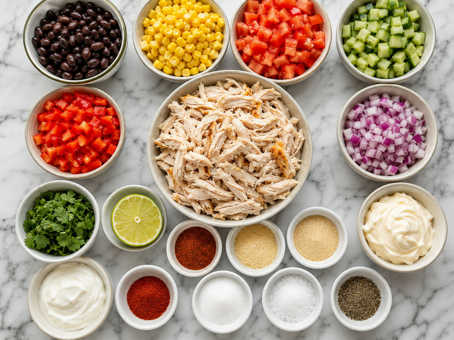 Ingredients for Southwest chicken salad with chicken, beans, corn, vegetables, and lime