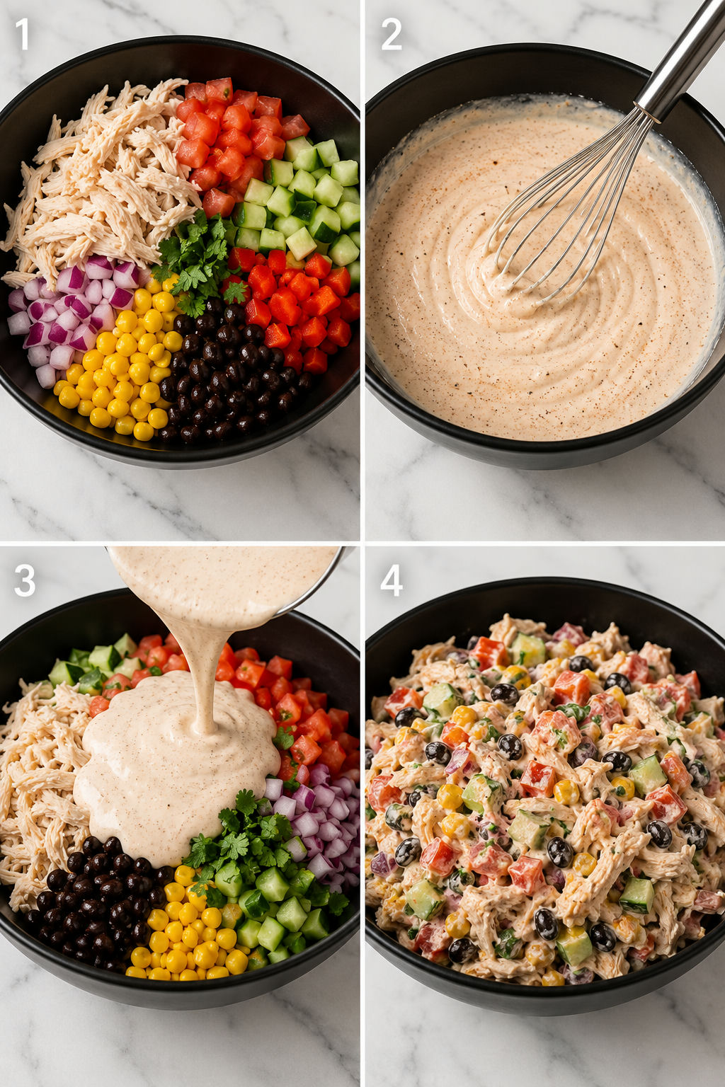 Four steps for mixing creamy Southwest chicken salad with lime dressing