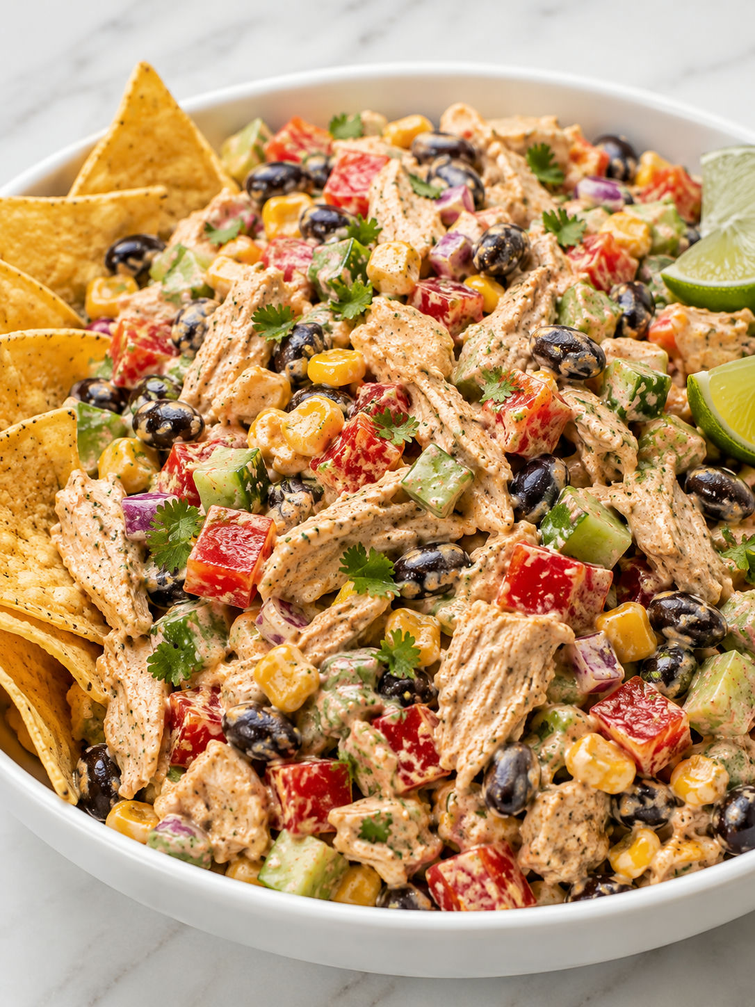Creamy Southwest chicken salad filling a bowl with tortilla chips and lime