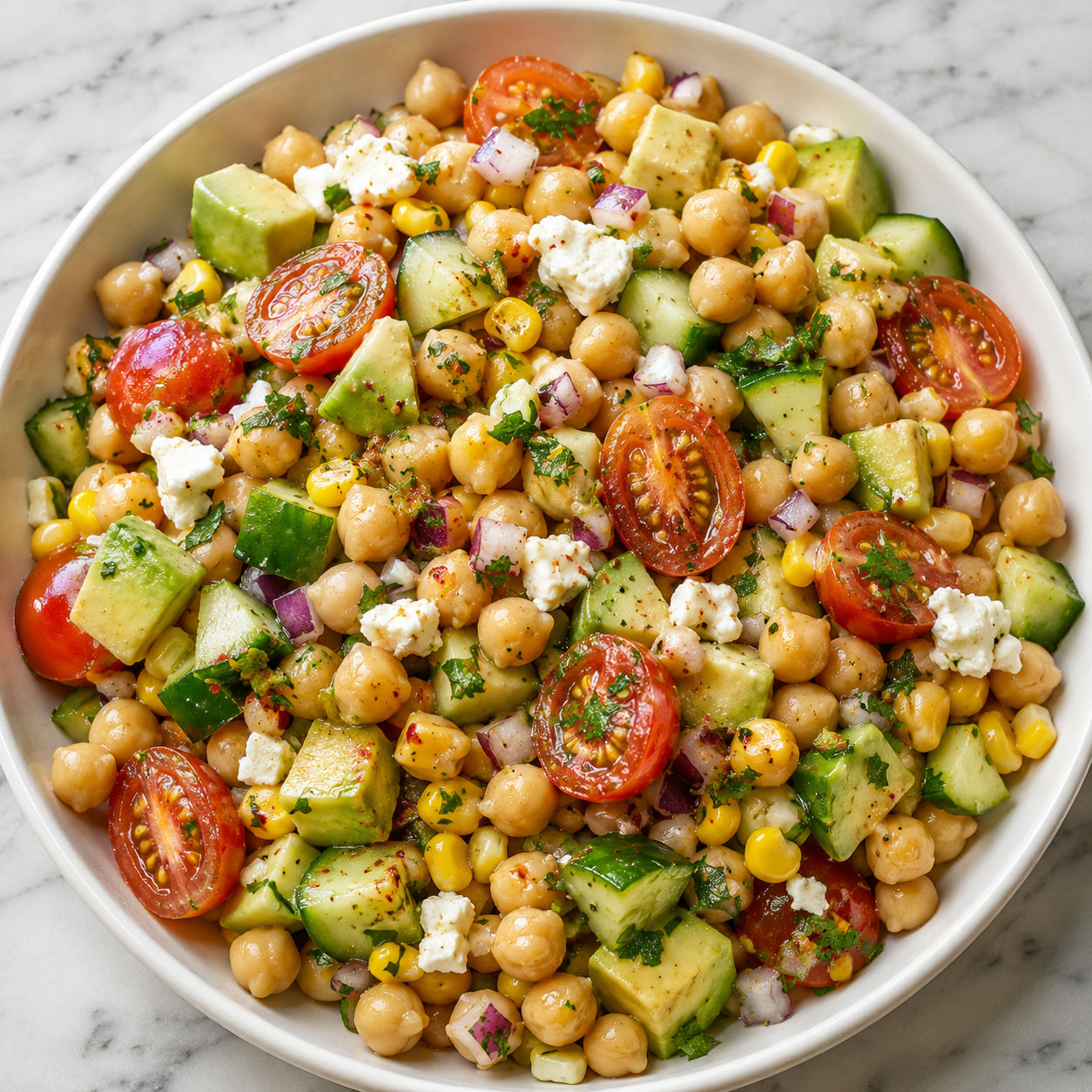 Chickpea avocado salad with corn, tomatoes, cucumber, feta, and parsley