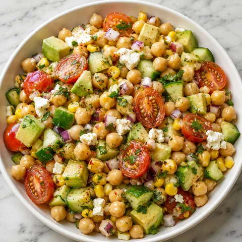 Chickpea avocado salad with corn, tomatoes, cucumber, feta, and parsley