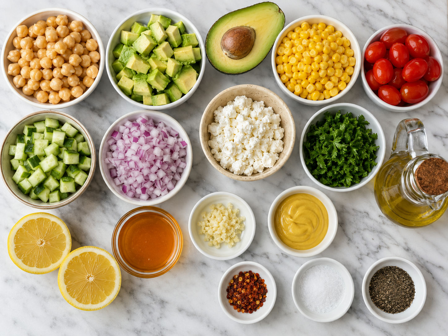 Ingredients for chickpea avocado salad with avocado, corn, tomatoes, and feta