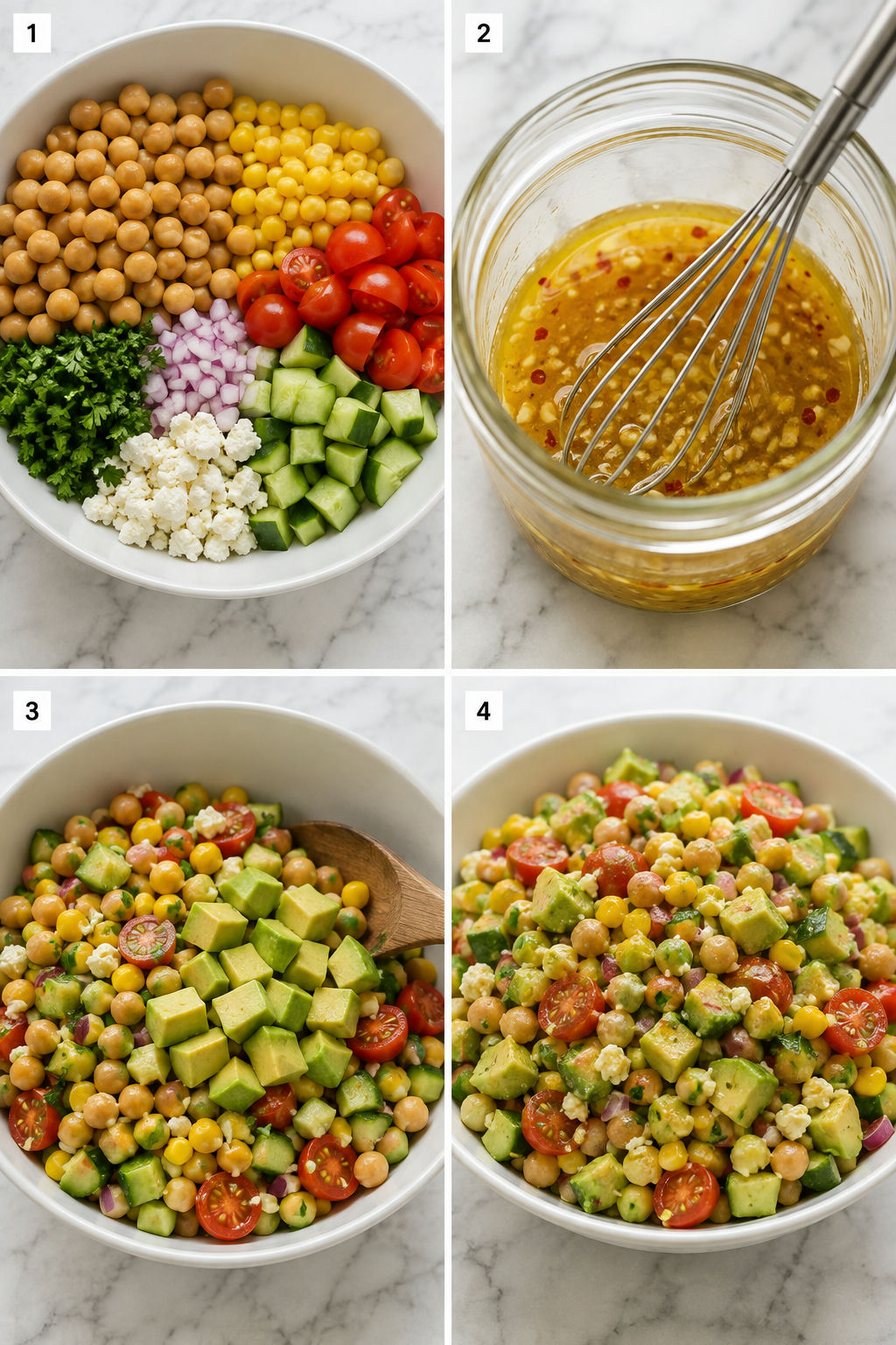 Four steps for making chickpea avocado salad with lemon chili dressing
