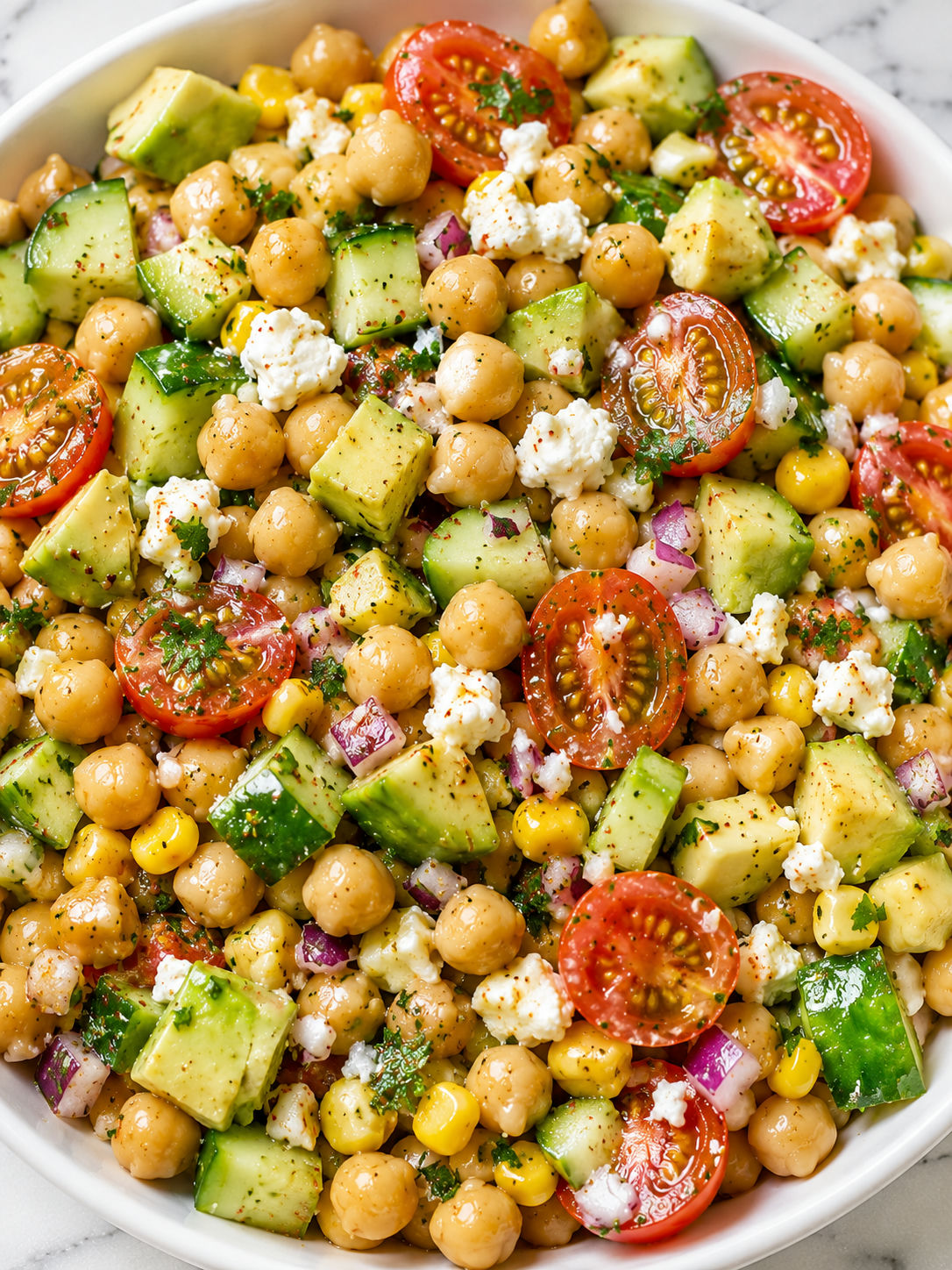Chickpea avocado salad with feta, corn, tomatoes, cucumber, and parsley