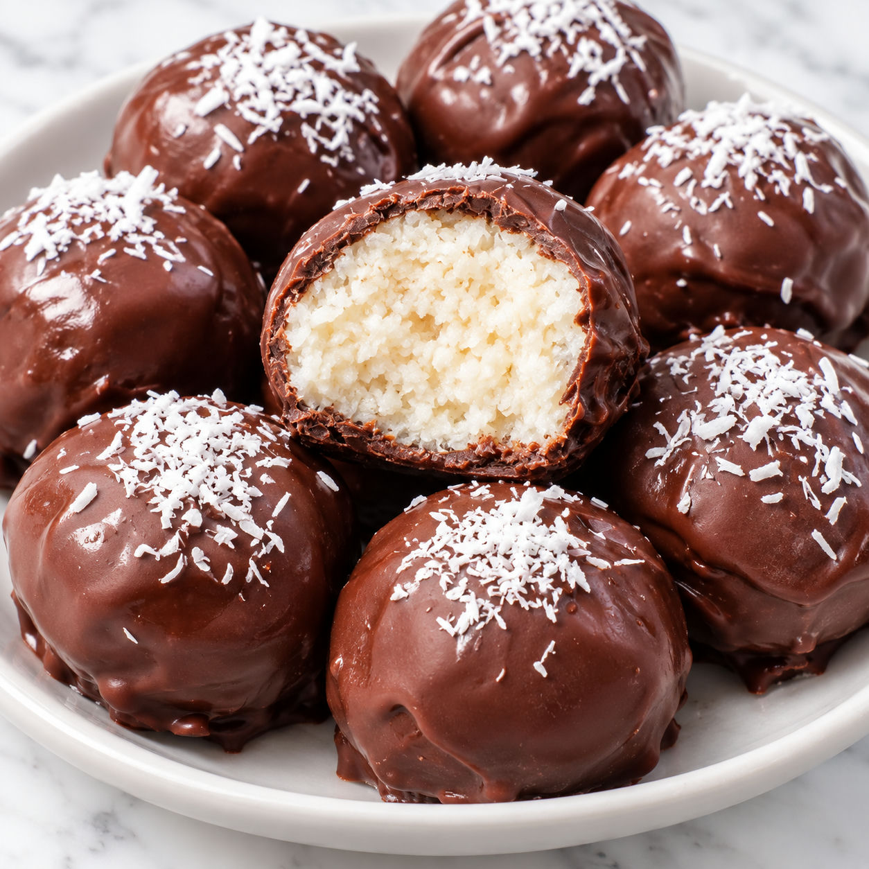 Chocolate coconut truffles with one cut open showing the coconut center