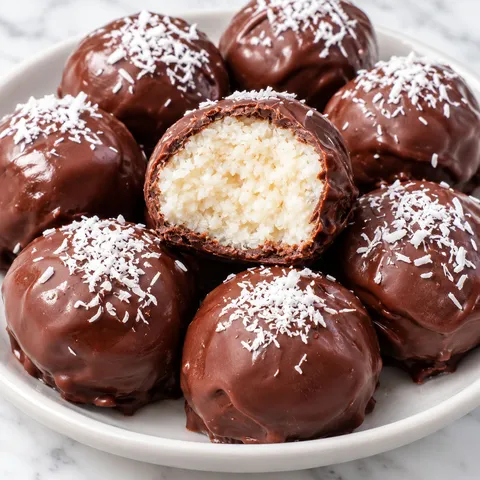 Chocolate coconut truffles with one cut open showing the coconut center