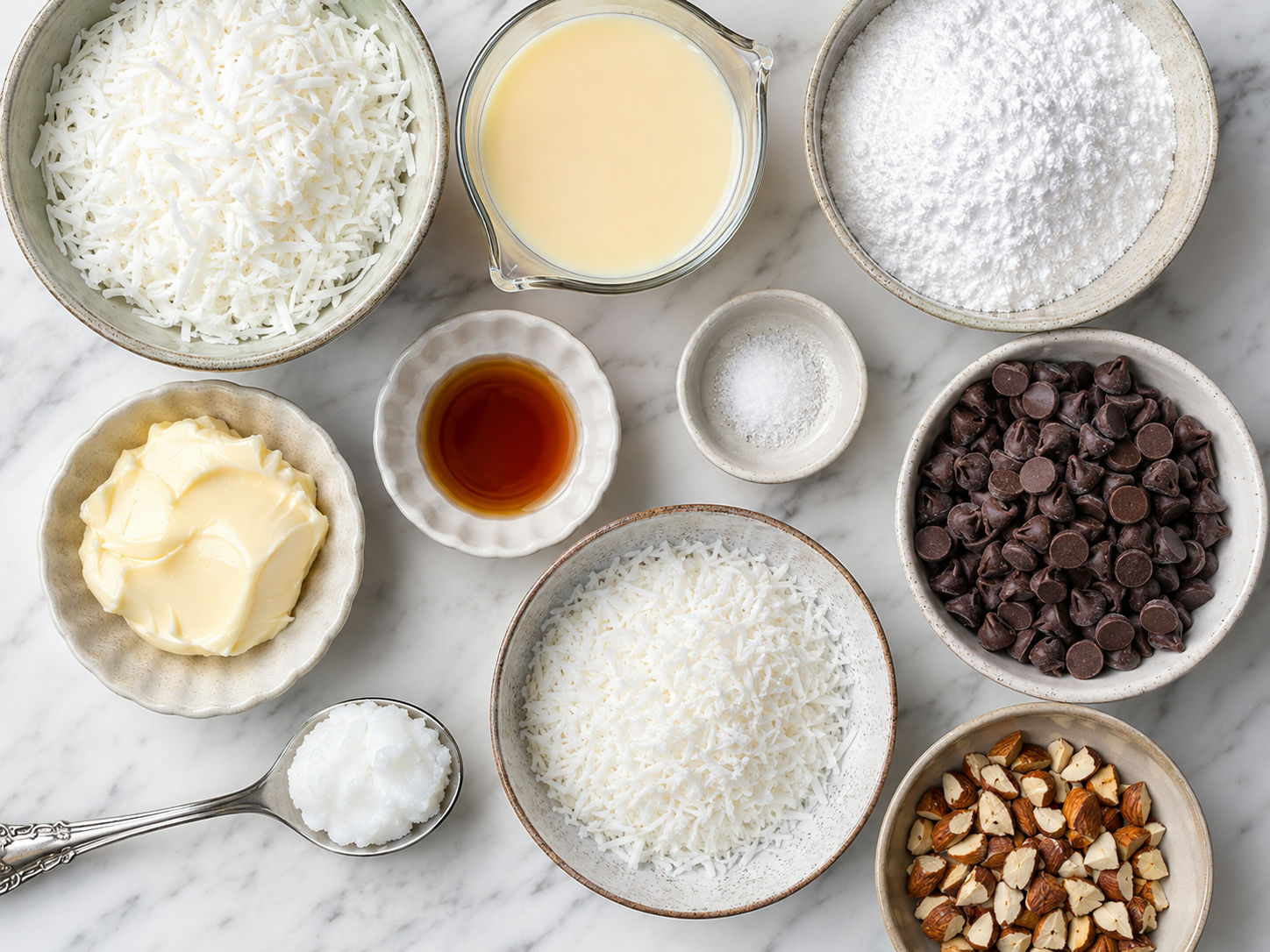 Ingredients for chocolate coconut truffles with coconut, condensed milk, and chocolate