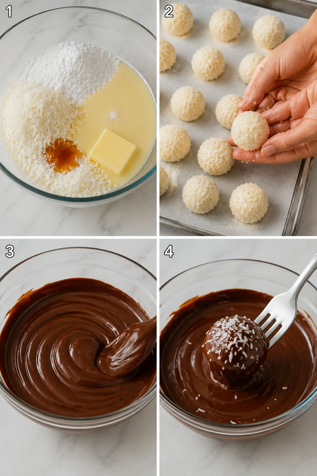 Four steps for mixing, rolling, dipping, and topping chocolate coconut truffles