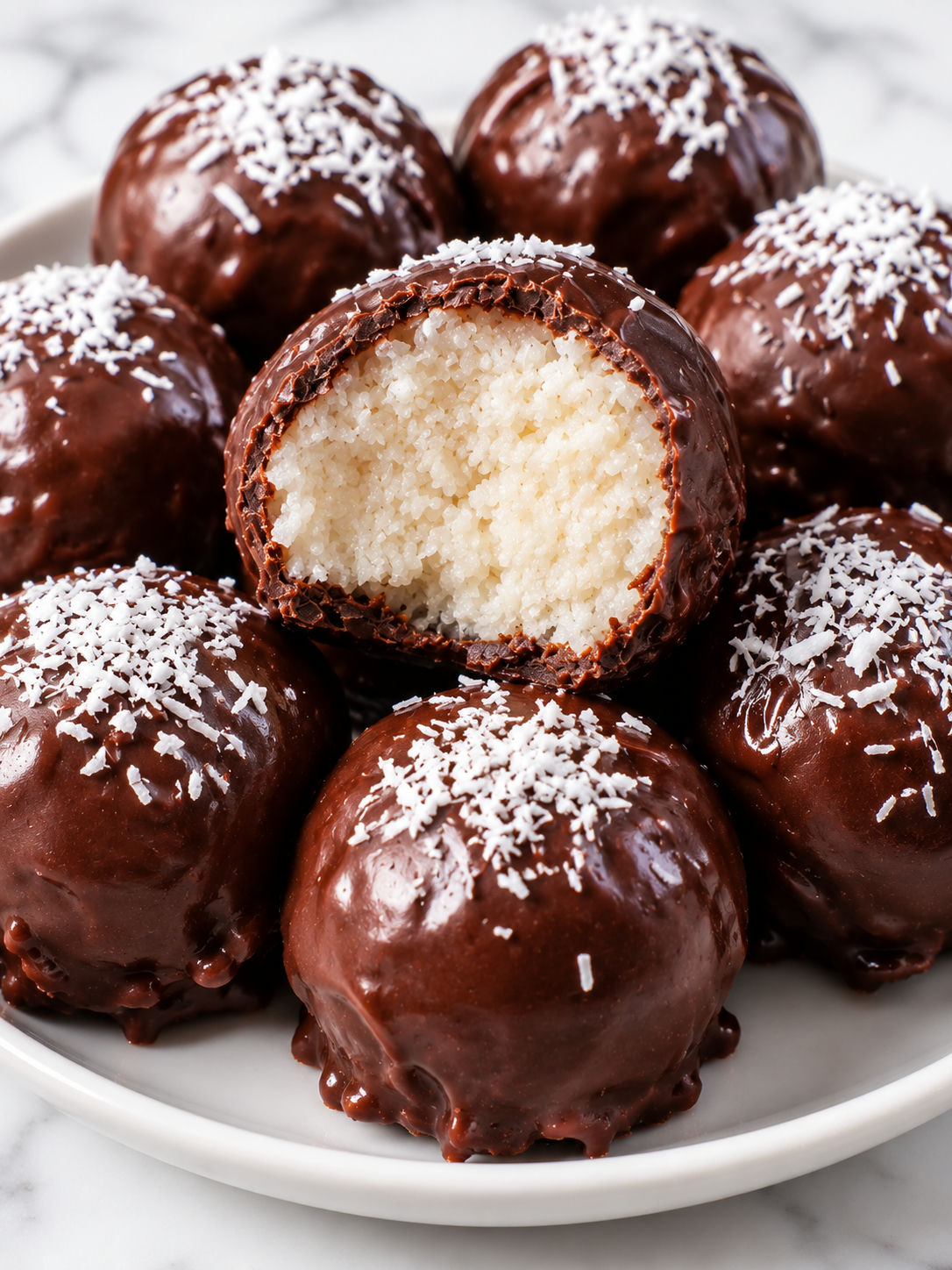 Chocolate coconut truffles with glossy shells and white coconut filling
