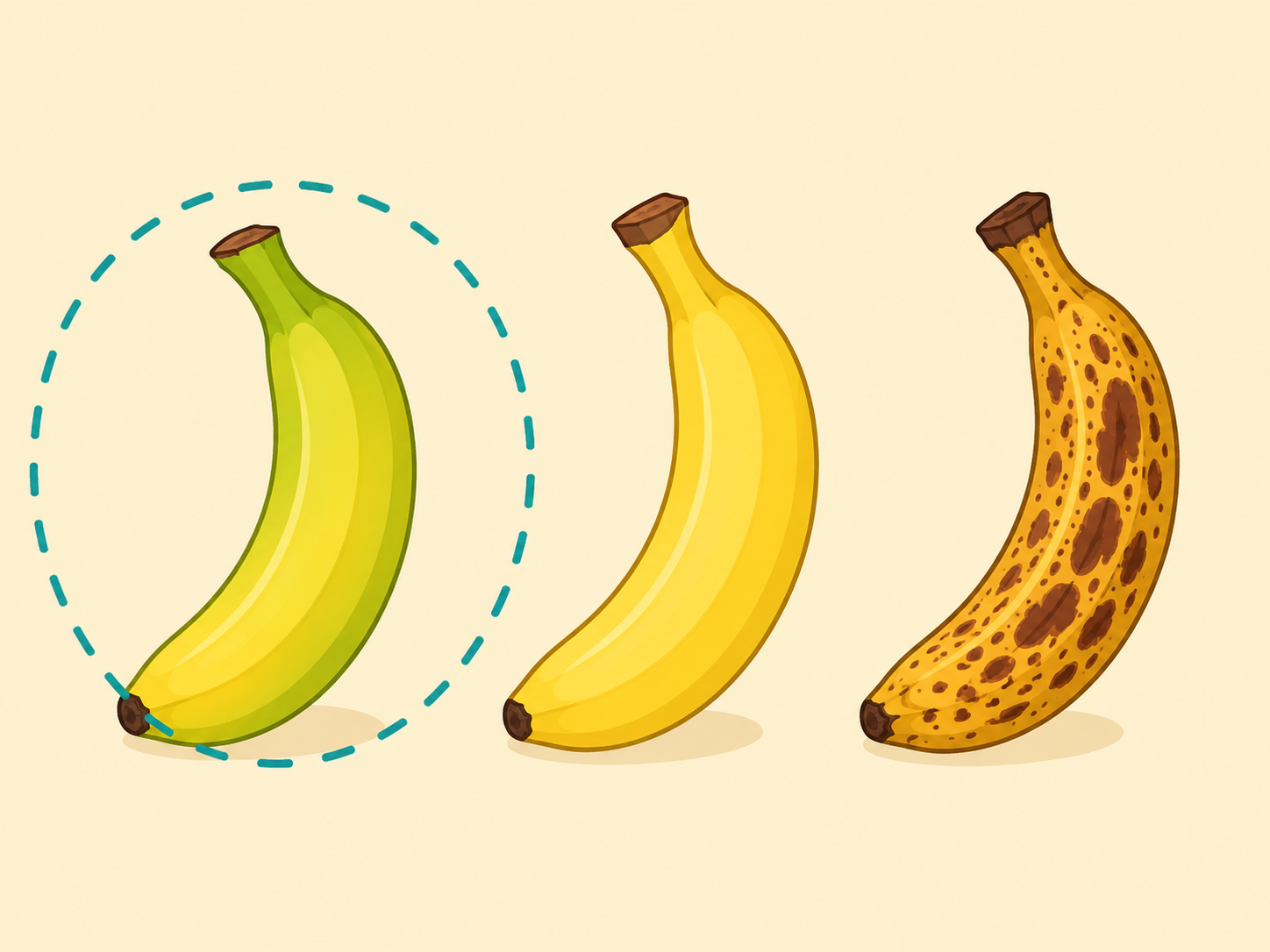 Illustration comparing green, yellow, and spotted bananas with the slightly green yellow banana highlighted.