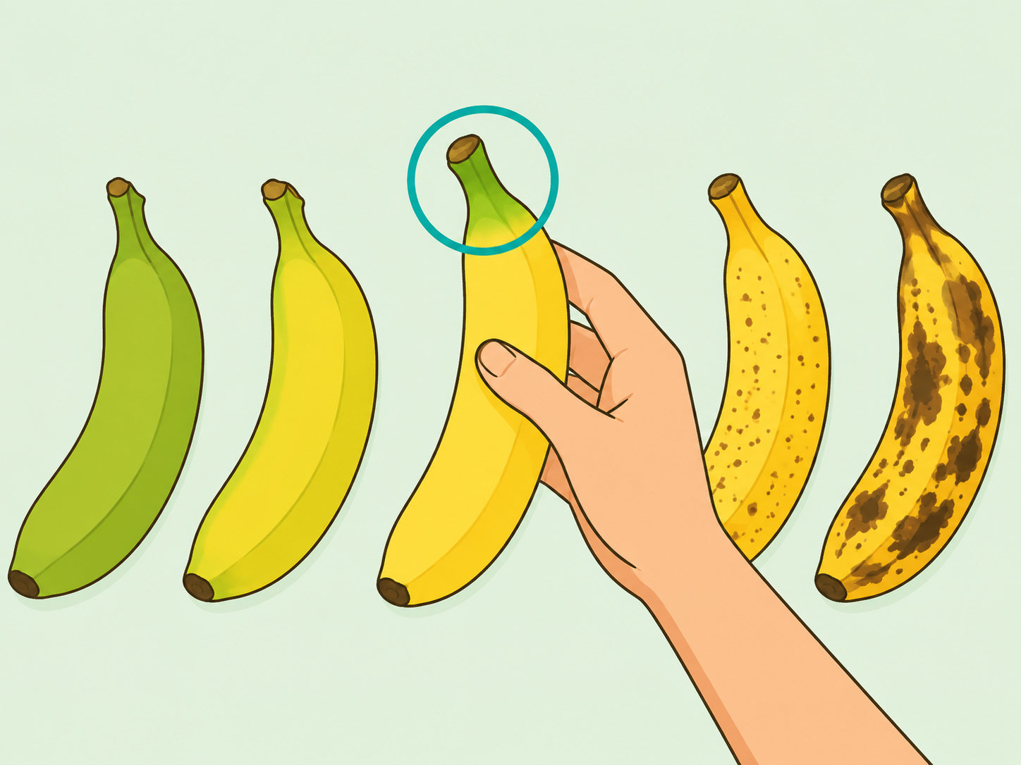 A hand choosing a slightly green yellow banana.