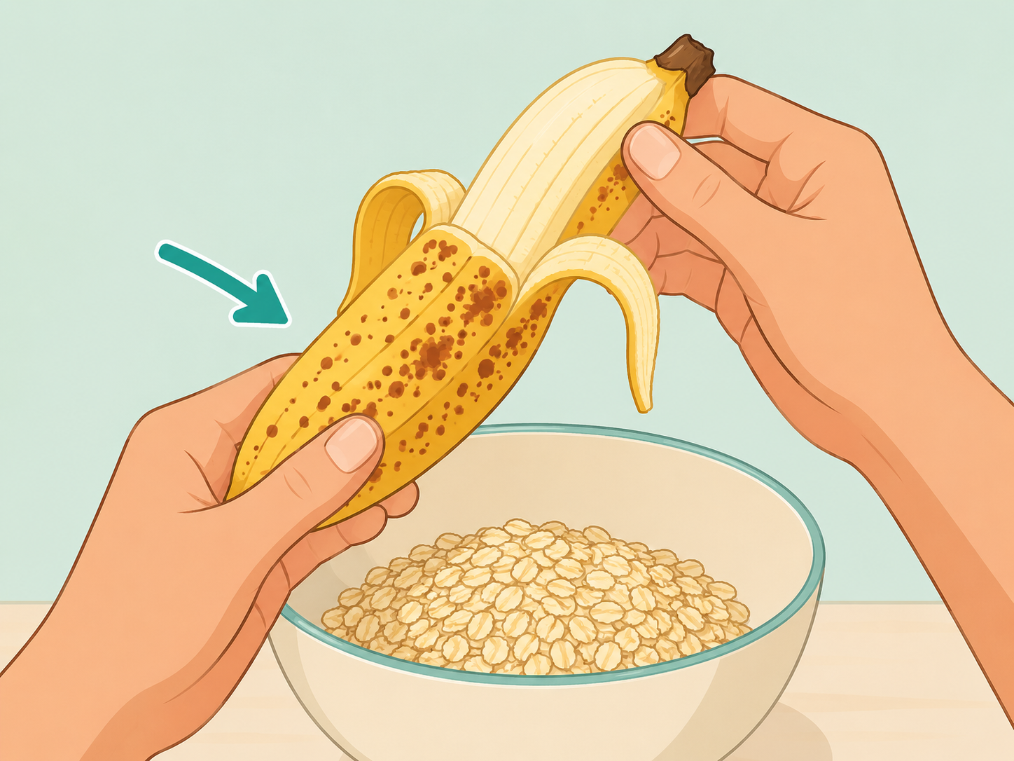 A spotted banana being used for natural sweetness in a bowl.