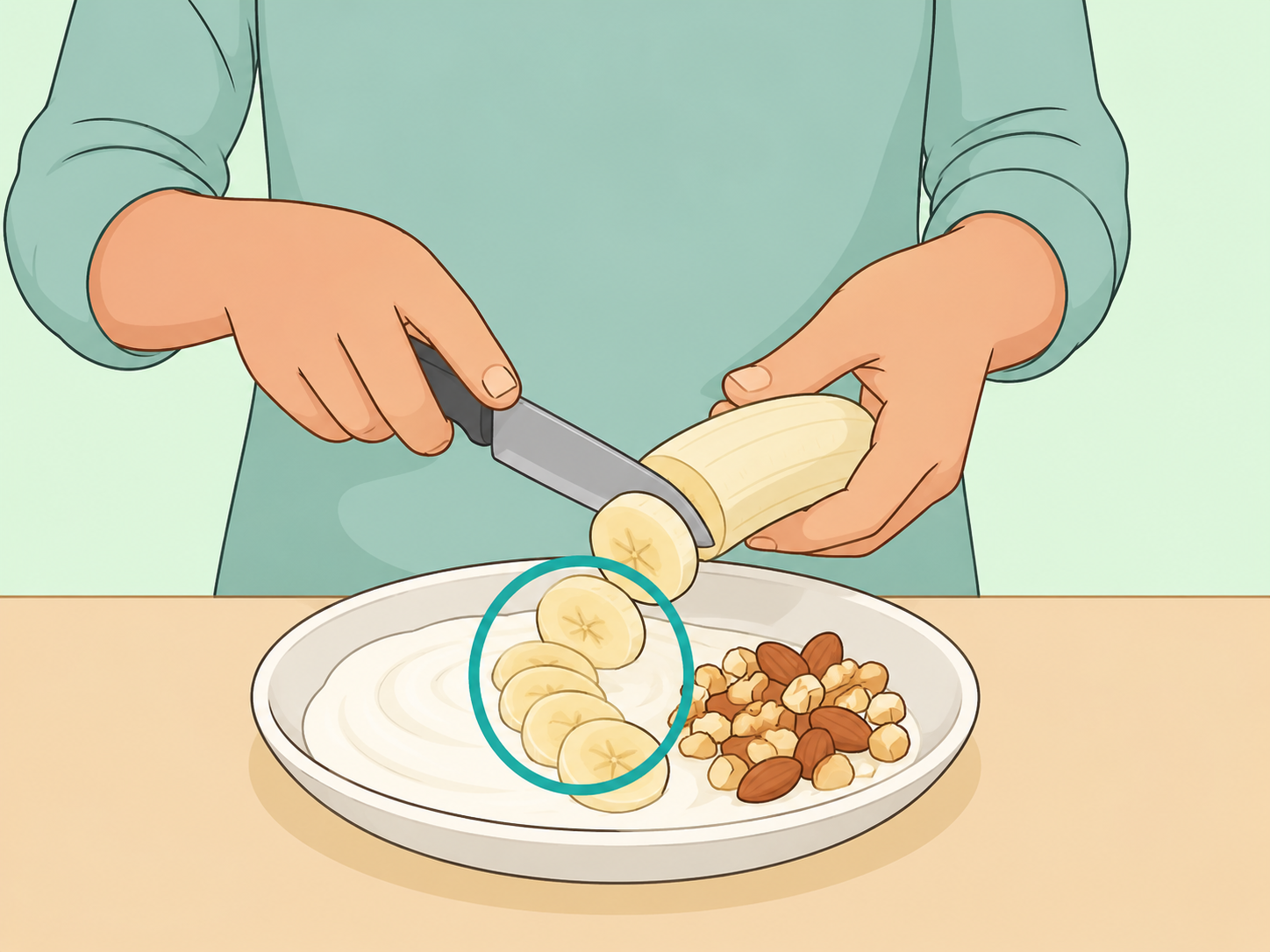 A modest portion of banana sliced with yogurt and nuts.