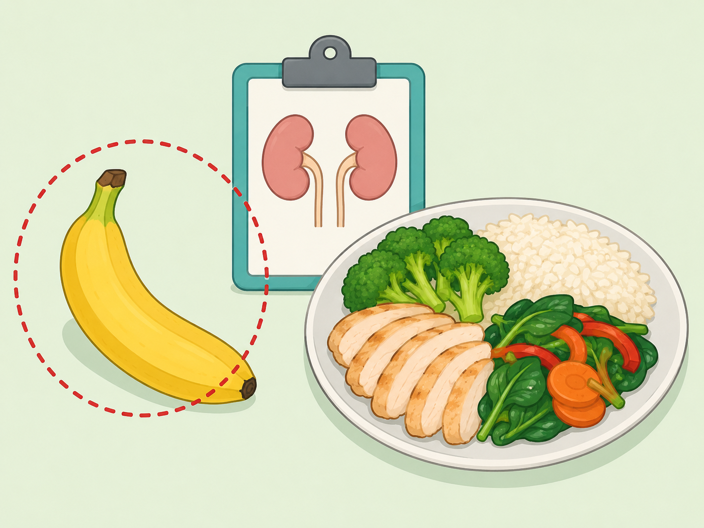 A banana highlighted with a caution symbol for potassium and allergy concerns.
