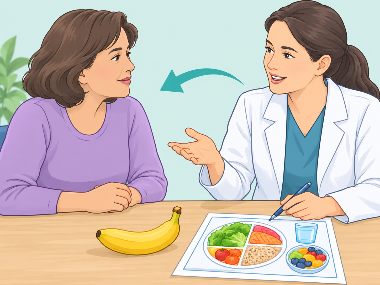 A person asking a healthcare professional about bananas and their diet.